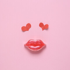 Lips with hearts on pink background. Concept pop, Contemporary still life, love layout