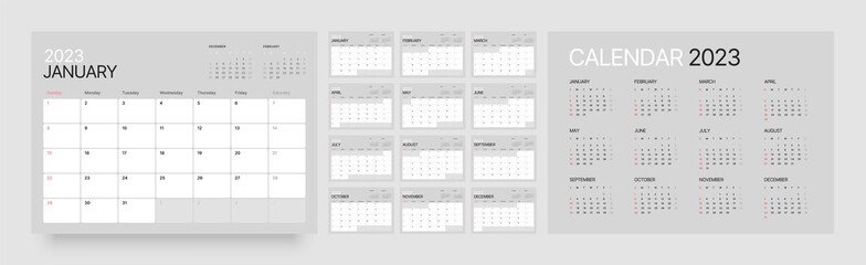 Monthly calendar template for 2023 year. Wall calendar in a minimalist style. Week Starts on Sunday. - obrazy, fototapety, plakaty