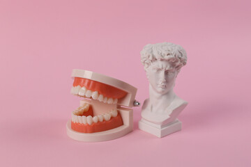 Antique bust of David with human jaw model on a pink background. Minimal still life