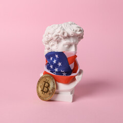 David bust with usa flag on his face and bitcoin pink background. Minimal still life