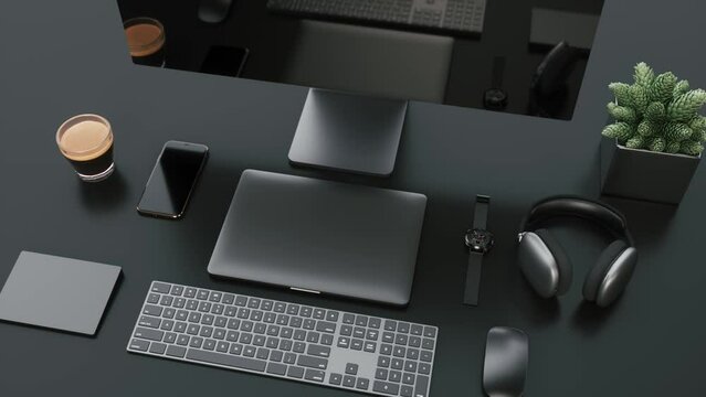 Workplace with desktop and coffee.  Computer desktop top view. 3d visualization