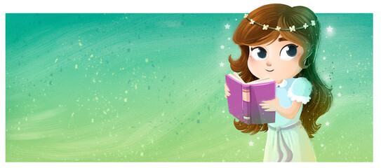 Illustration of little princess girl reading a book