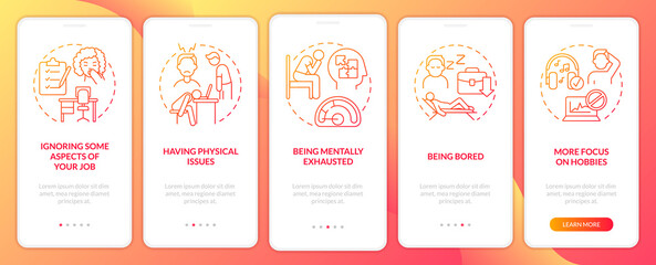 Clues of wrong career choice red gradient onboarding mobile app screen. Walkthrough 5 steps graphic instructions pages with linear concepts. UI, UX, GUI template. Myriad Pro-Bold, Regular fonts used