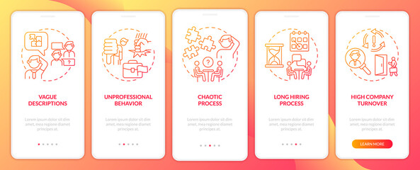 Naklejka premium Red lights in work interview red gradient onboarding mobile app screen. Walkthrough 5 steps graphic instructions pages with linear concepts. UI, UX, GUI template. Myriad Pro-Bold, Regular fonts used