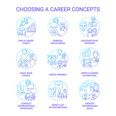 Choosing career blue gradient concept icons set. Make occupations list idea thin line color illustrations. Conduct informational interviews. Isolated symbols. Roboto-Medium, Myriad Pro-Bold fonts used