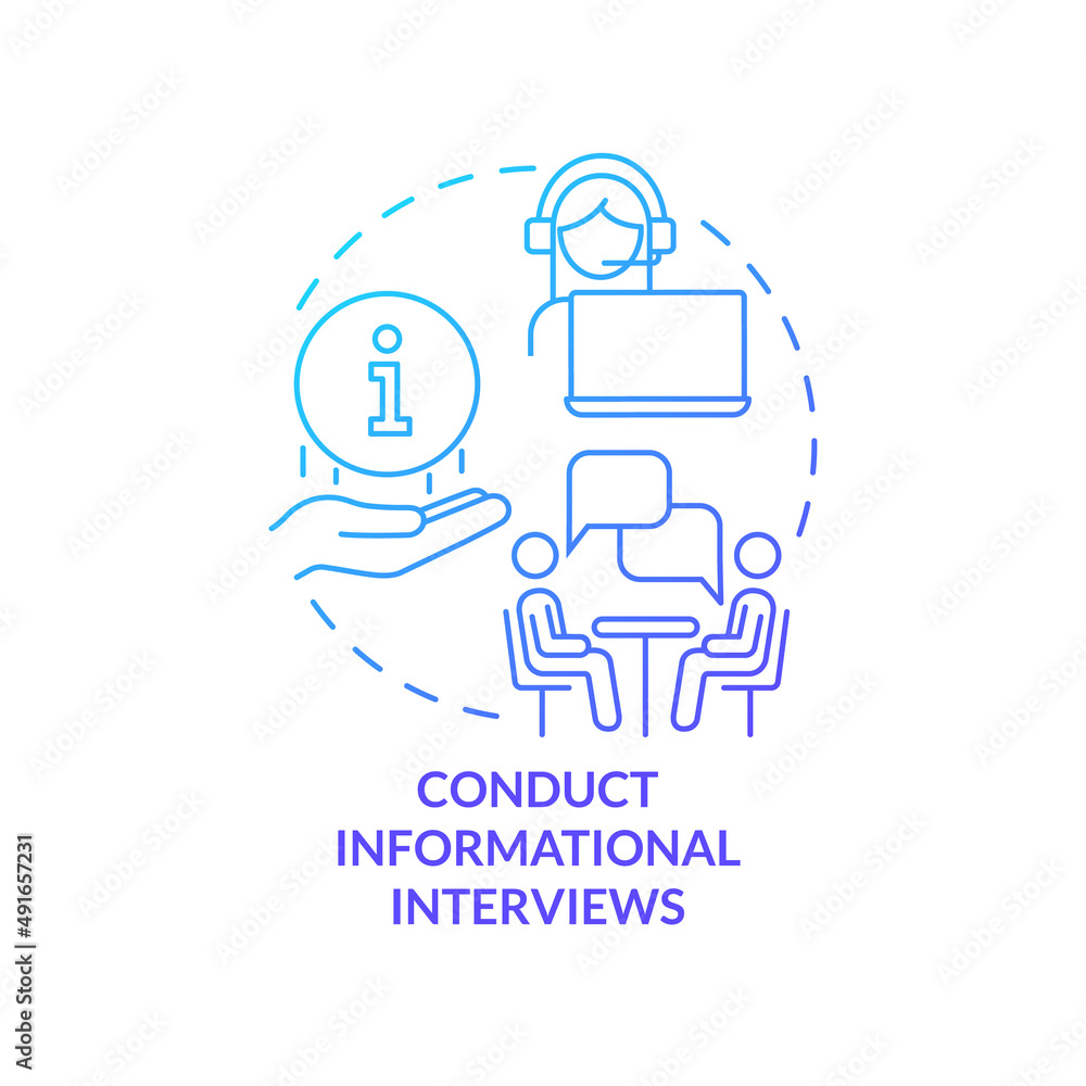 Poster conduct informational interviews blue gradient concept icon. step to choose career abstract idea thi