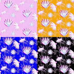 Vector seamless half-drop pattern, with leaves and flowers