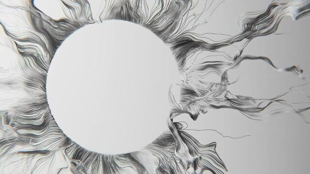 Animation of moving particles with trails. Curvy lines moving from a circle. Abstract background.