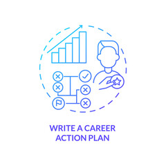Write career action plan blue gradient concept icon. Step to find right occupation abstract idea thin line illustration. Gaining skills. Isolated outline drawing. Myriad Pro-Bold font used