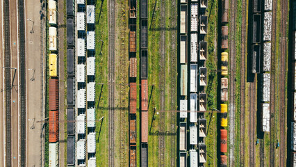 Aerial view the depot station of freight trains with cargo ready for delivery