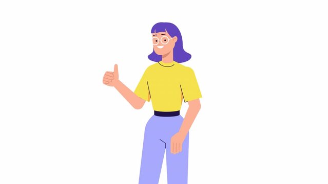 Happy young woman standing and showing thumb up. Character Animation. positive emotion, hand gesture. like, agree, approve concept, success, satisfaction. 2d flat cartoon style