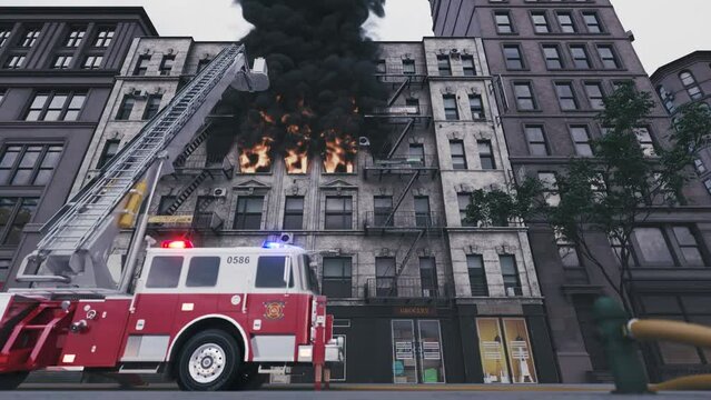 Fire in the building. Fire truck on fire. Ladder with heavy smoke. 3d animation