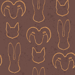Sketchy seamless pattern with gold silhoeutte cat and ram and hare isolated.
