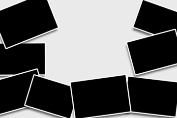8 Rectangle photo frames in black and white colors with clean rectangular borders and an elegant layout. Used as a collage template to place your album pictures or photographs in an old classic look.