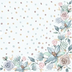 watercolor floral pattern - pink blue flower bouquet and branches composition on white background with dots for wrappers, wallpapers, postcards, greeting cards, wedding invitations, romantic events.