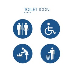 Symbol of toilet icons on blue circle shape isolated on white background. Vector illustration.