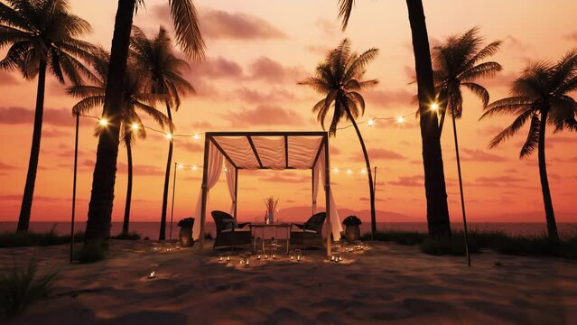 Table under canopy on the beach. Silhouette of beach cafe. Romantic dinner on the beach. Romantic sunset on the beach under palm trees