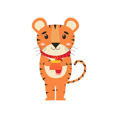 New year tiger with holiday gift. Symbol 2022. Template for card, postcard, poster, banner, background, wallpaper, sale, advertising, marketing, promo