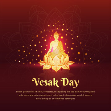Vesak day background with silhouette of lord buddha and sparkling light and glitter glow effect.