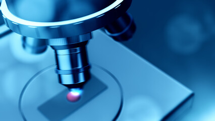 top view of an optical microscope in a science laboratory, focus on the lens, concept of scientific or medical research (3d render)