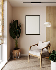 Mockup poster frame on the wall, armchair in Scandinavian Livingroom, 3d rendering, 3d illustration © Liliia