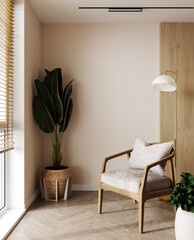  Home mockup, room in light pastel colors with blank wall and armchair, Scandi-Boho style, 3d render