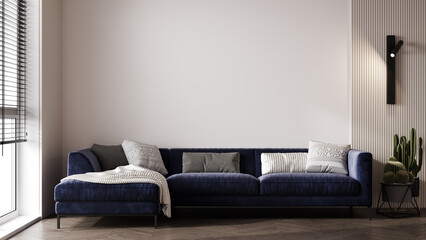 Home interior mock-up with blue sofa, plant and decor in living room, 3d render