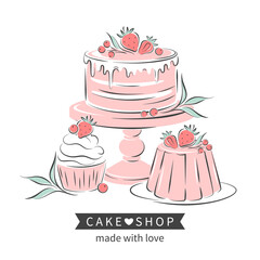 Cake shop logo. Сake, cupcake and berries. Vector illustration on white background for menu, recipe book, baking shop.