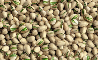 Pistachio seed background as a bulk group of naturally opened seeds representing a healthy snack...