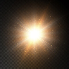 light effect. The star flared brightly. Gold glitter texture with lots of chaotic sparkles. Vector