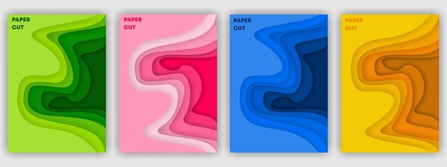 Paper cut cpver set with blue  pink  yellow %26 green waves layers