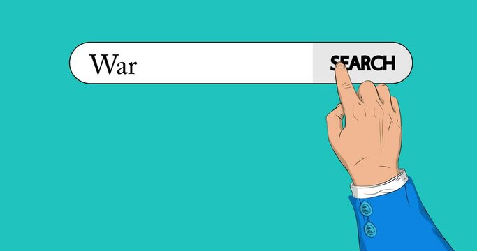 Virtual search bar with the text War. Businessman pushing his right hand index finger to touch a search icon. 4k Comic Book style animation.