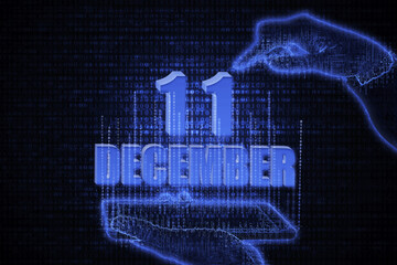 December 11th. A hand holding a phone with a calendar date on a futuristic neon blue background. Day 11 of month.