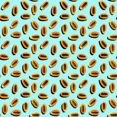 seamless pattern of halves of ripe orange papayas with black seeds, small chaotic drawing, on a blue background