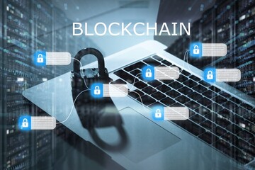 Concept of Blockchain technologywith a chain of encrypted blocks to secure cryptocurrencies