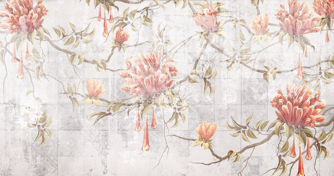 textured background with elements of a worn tile, which depicts art flowers on branches photo wallpaper for the interior