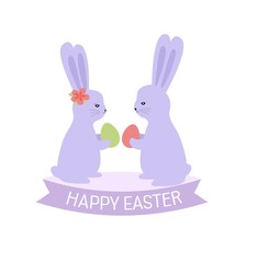 Happy easter card. Illustration with cute bunnies and eggs. Vector illustration isolated on white background.