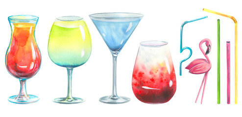 Watercolor illustration of hand-drawn cocktails, cocktail tubes and flamingo figurative decoration © NATASHA-CHU