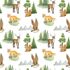 seamless watercolor pattern with woodland animals