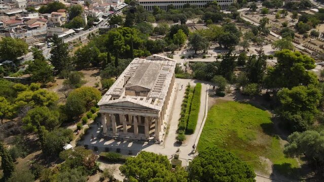 Temple of Hephaestus in Ancient Agora of Athens, Greece. Drone Aerial View of Ancient Landmark on Sunny Summer Day