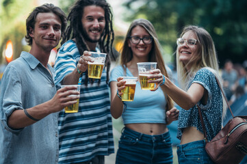 Obraz premium Friends drinking beer and having fun at music festival