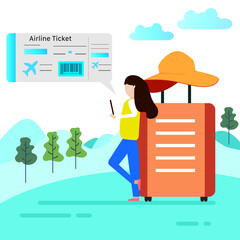 Digital Design. Lady in flat design buys the ticket that on sale and get ready to travel with luggage.