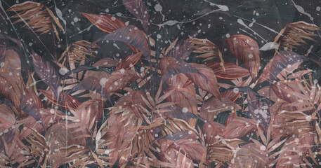 a dark background on which tropical leaves are depicted on which watercolor splashes are murals in the interior