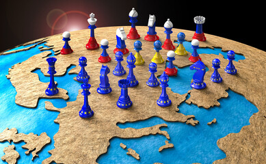 symbol of war and geopolitics in the world with chess pieces. 3D illustration