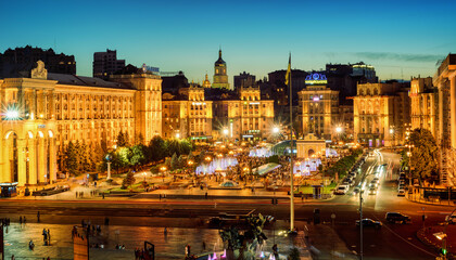 Kiev, Ukraine, panorama of Maidan square in the city center in the evening