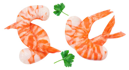 Peeled Shrimps isolated on white background. Seafood concept. Red cooked prawnns with a parsley herb Top view.