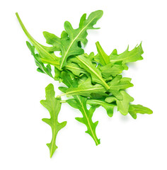 Pile of Green rucola leaves isolated on white background. Fresh arugula closeup.