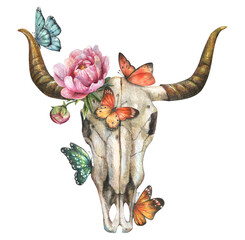 Illustration à l& 39 aquarelle d& 39 un crâne d& 39 animal à cornes avec des fleurs de pivoine rose et des papillons colorés.