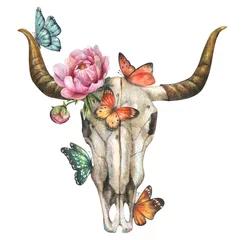 Store enrouleur Boho Illustration à l& 39 aquarelle d& 39 un crâne d& 39 animal à cornes avec des fleurs de pivoine rose et des papillons colorés.