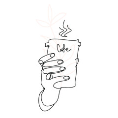 Linear hand drawing drawing of a cup of coffee, one line.